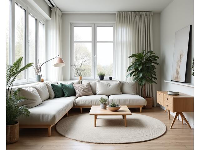 Skandinavisk minimalistisk stue med naturlige tekstiler og Trekkfugl Hjemme møbler.