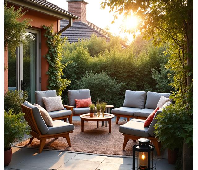 Innbydende utendørs patio med komfortable møbler, grønne planter og stemningsfull belysning fra Trekkfugl Hjemme.