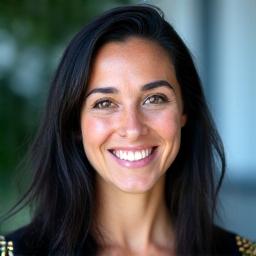 Portrett av Elara Jensen, en smilende kvinne med mørkt hår